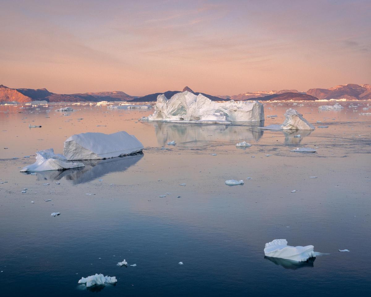 Icebergs float on the water with mountains in the background under a pink sky.