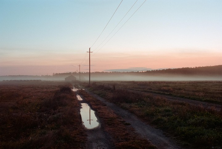 A dirt road with puddles reflects utility poles and a hazy sky at dusk, leading towards a distant building and forest.