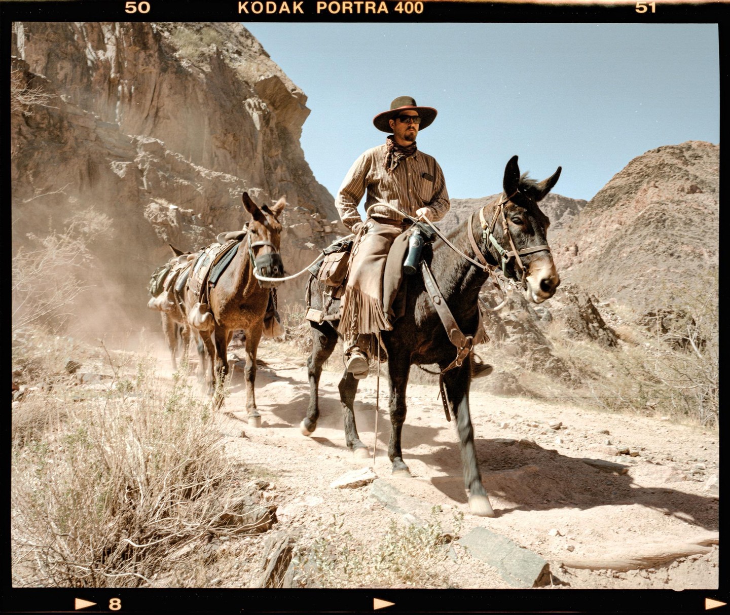 A man in a cowboy hat rides a mule while leading another mule carrying packs through a dusty, mountainous landscape.