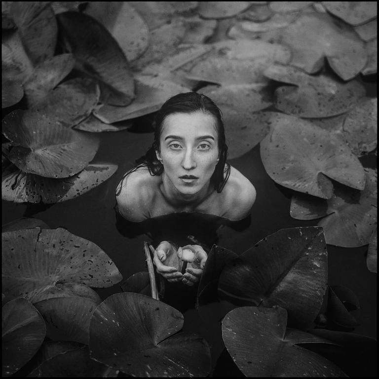 A woman is in water surrounded by lily pads, holding a small, glowing object in her hands.
