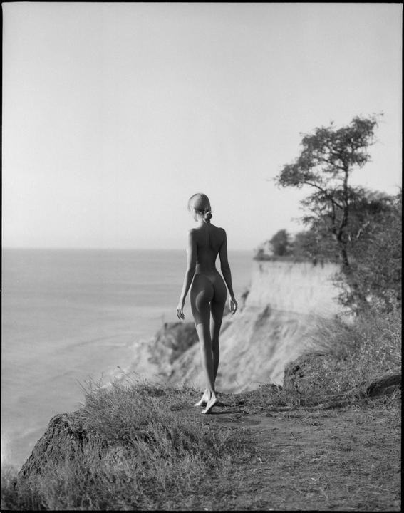 A nude woman stands on a cliff overlooking the ocean with a tree to her right.
