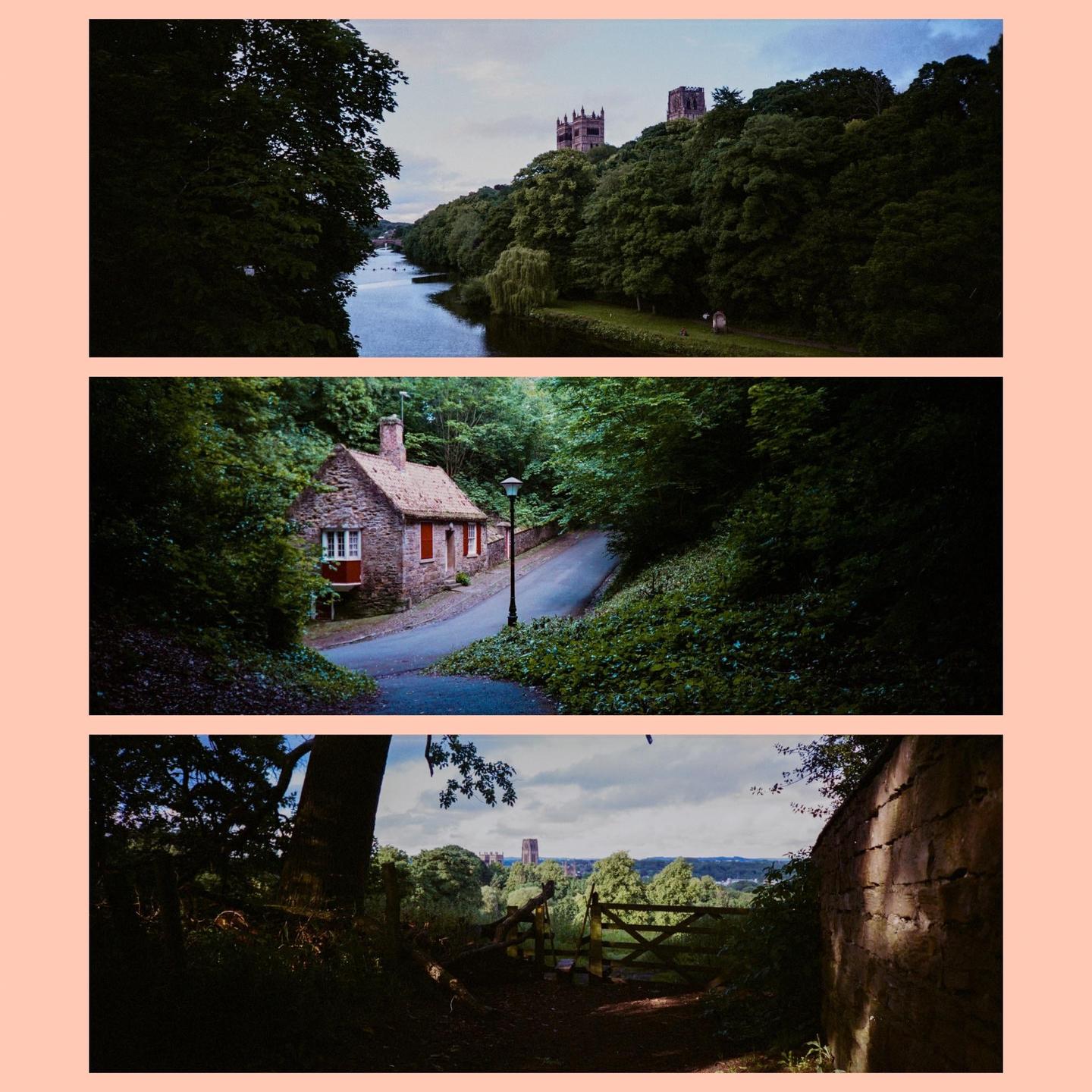 Three landscape-oriented images are arranged vertically, showing a river, a stone cottage, and a wooden gate, all featuring distant castle towers.