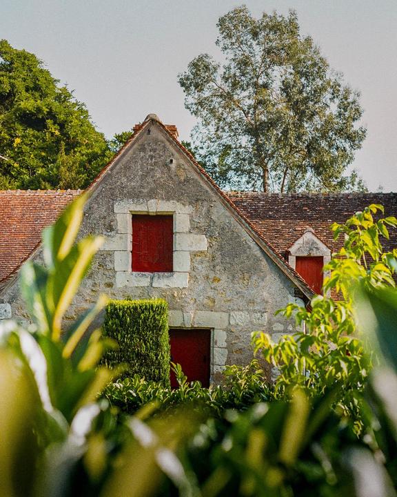 A stone house with red shutters and a red door is partially obscured by green foliage.