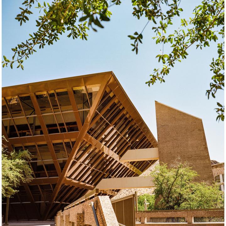 A modern building with a geometric, glass and metal facade is viewed from below, with green leaves framing the top of the image against a clear sky.