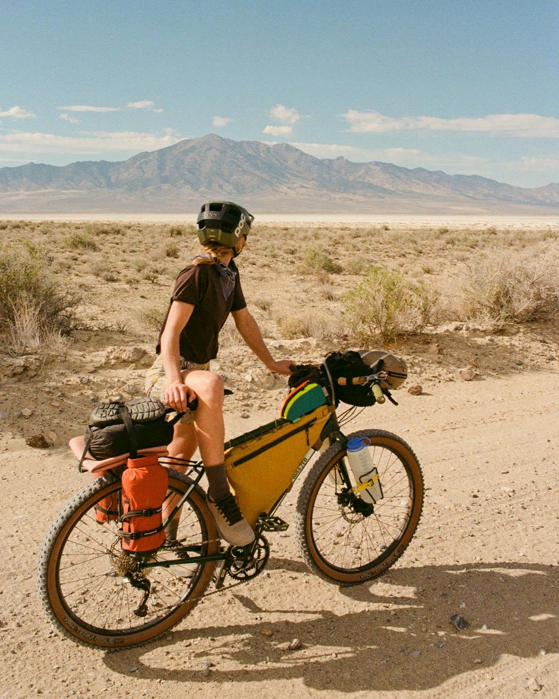 A person on a bicycle looks out at a vast desert landscape with mountains in the distance.