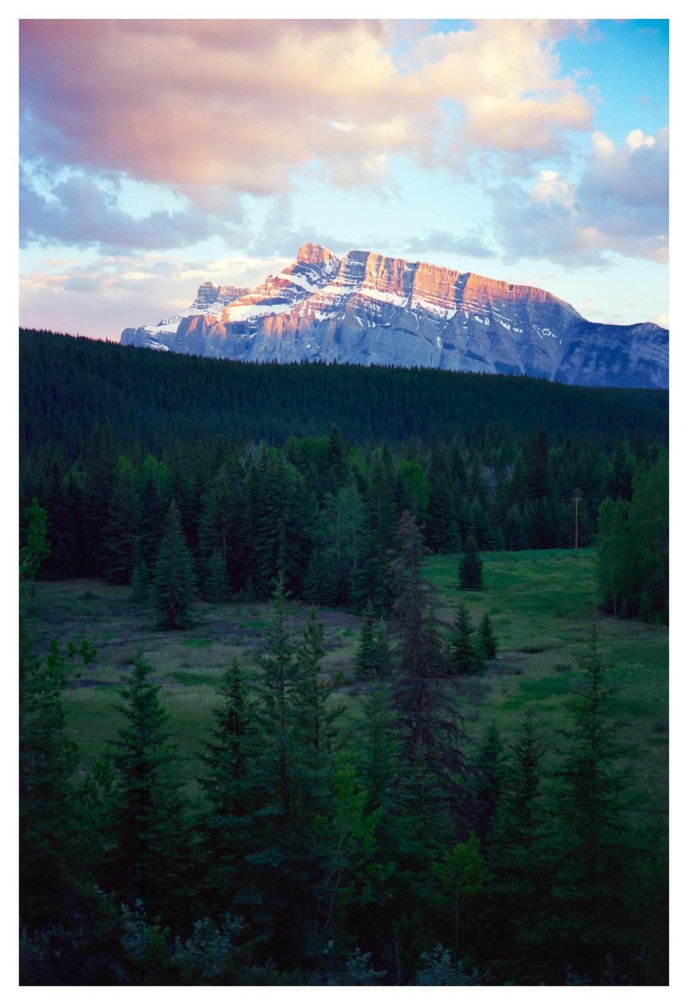 A mountain with a snow-capped peak is illuminated by the setting sun, with a forest and meadow in the foreground.