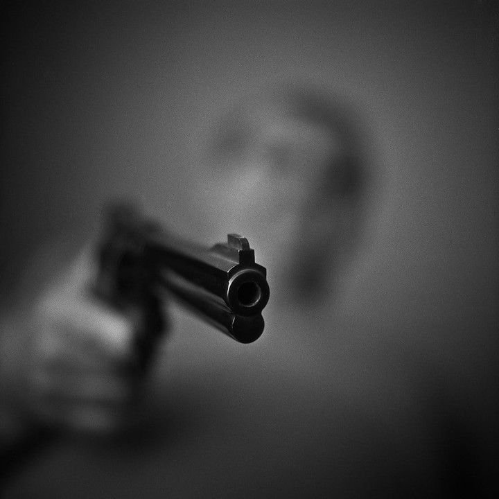 A person holds a handgun pointed directly at the viewer.