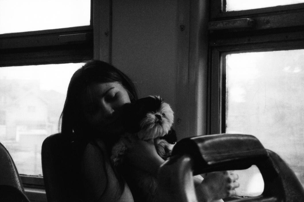 A woman holds a small dog while sitting next to a window.