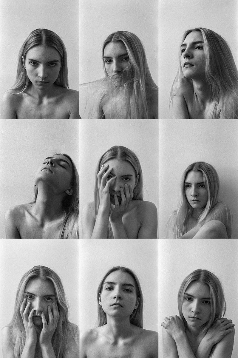 A woman is depicted in nine different self-portraits, each showing a distinct expression or pose.