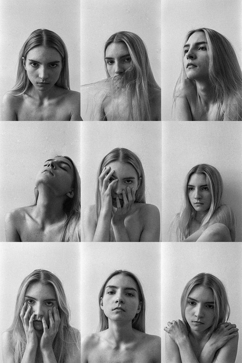 A woman is depicted in nine different self-portraits, each showing a distinct expression or pose.
