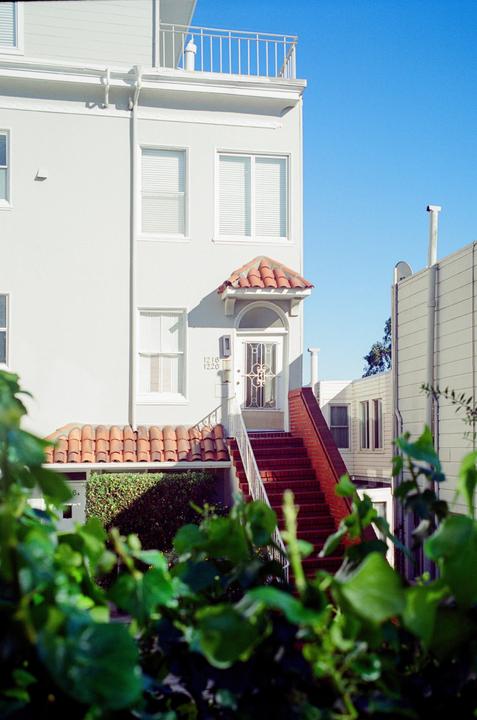 A white building with a red-tiled roof and a red brick staircase is partially obscured by green foliage in the foreground.