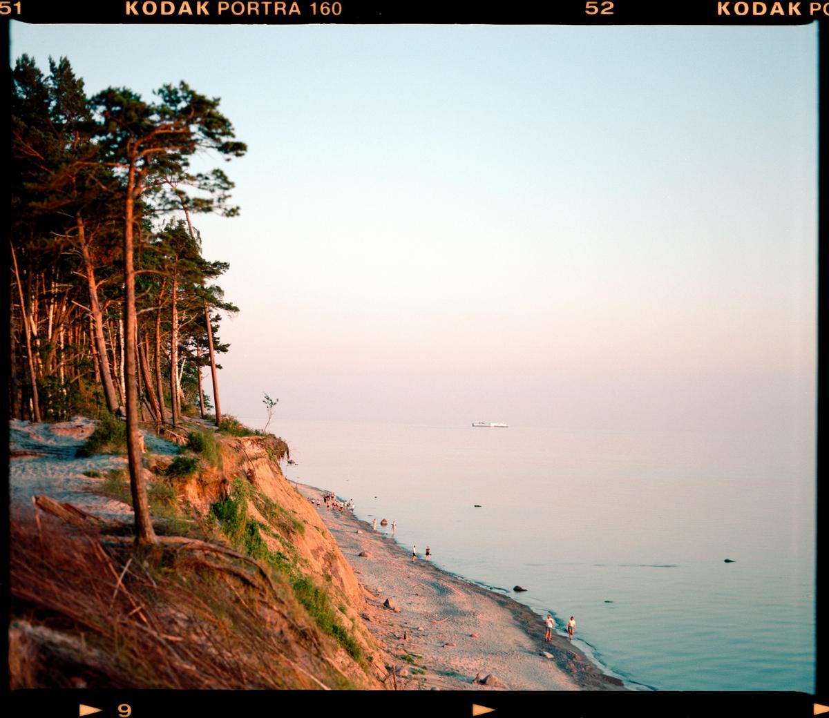 A sandy beach with people and trees is visible from a high vantage point overlooking the ocean.