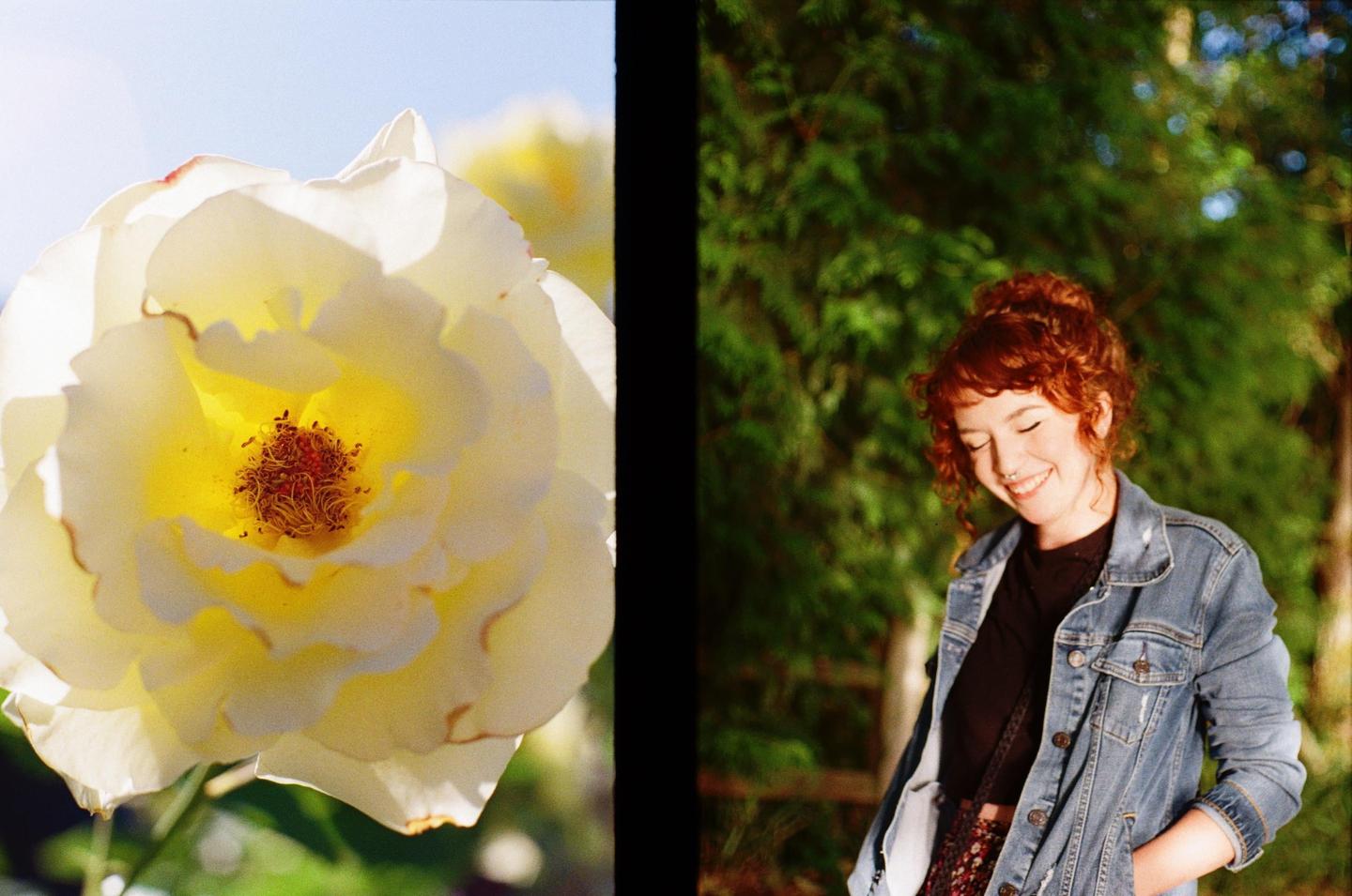 A diptych shows a close-up of a white rose and a smiling woman with red hair in a denim jacket.