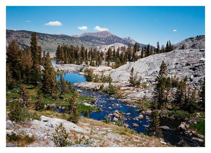 A stream flows through a rocky, mountainous landscape with pine trees under a clear blue sky.