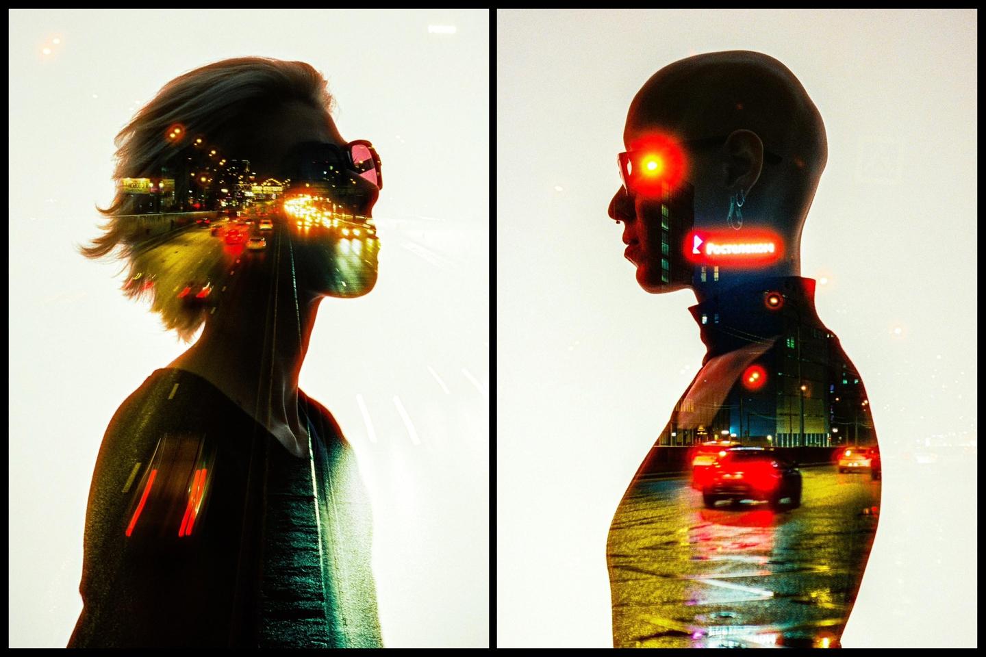 Two silhouettes of people are double exposed with a night street scene.