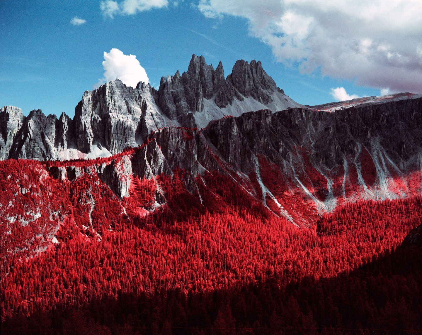 A mountain range with red trees in the foreground is visible under a blue sky with clouds.