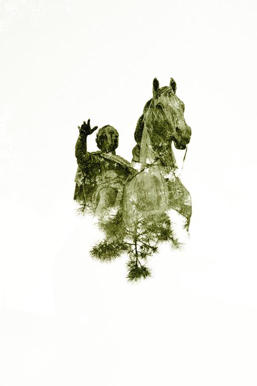 A double exposure shows a statue of a man on a horse overlaid with a tree branch.