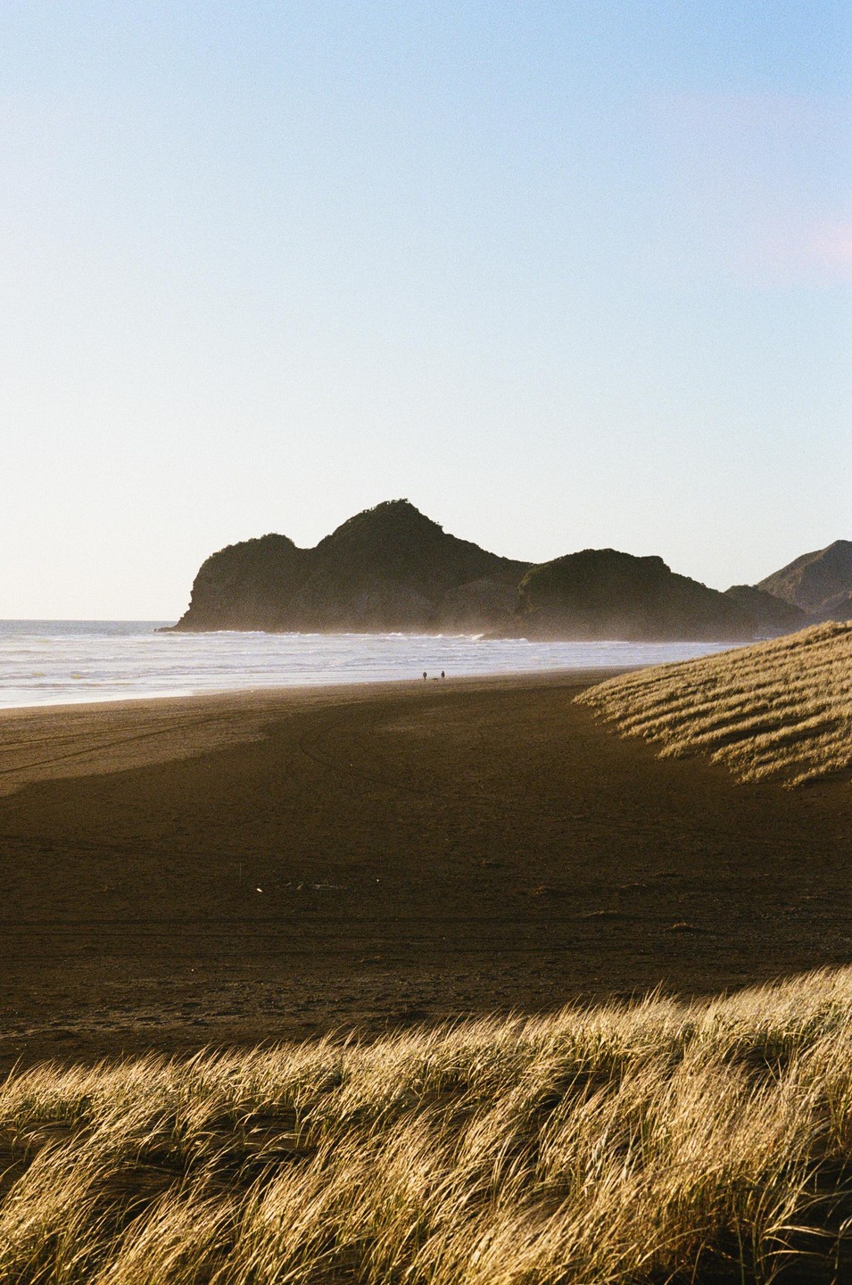 A wide shot shows a beach with dark sand, a body of water, and a mountain range in the distance, with tall grass in the foreground.