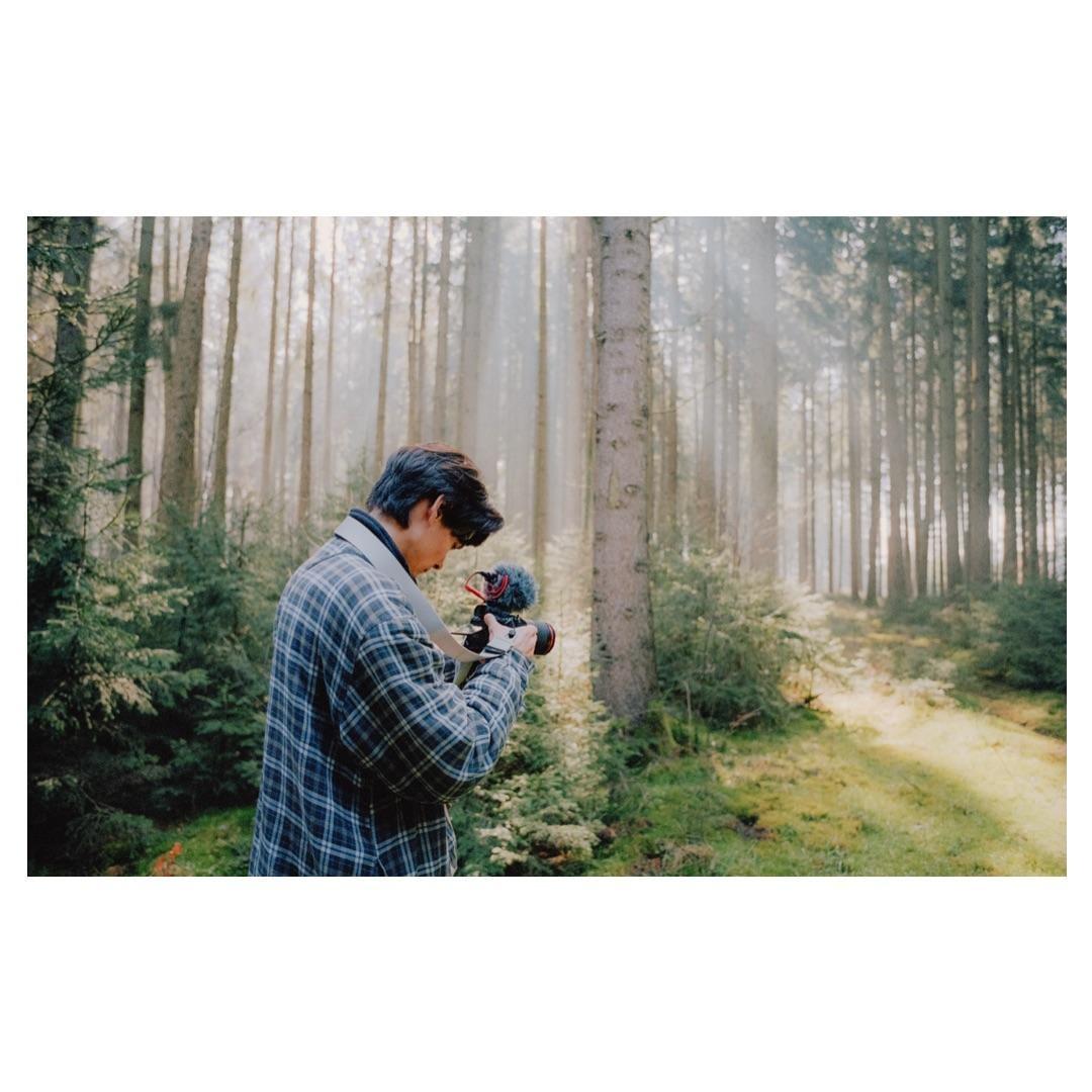 A man in a plaid shirt holds a camera with a microphone attached in a forest with sun rays shining through the trees.