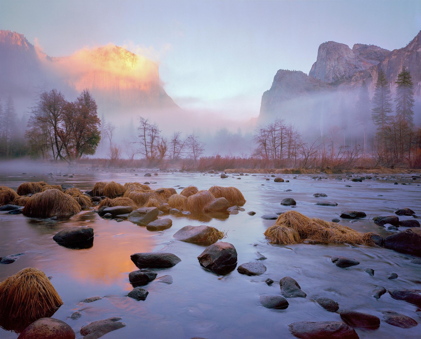 A river with rocks and grass flows through a foggy valley with mountains and trees.