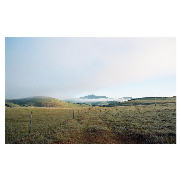 A fence line extends into a hazy, grassy landscape with rolling hills and mountains in the distance.