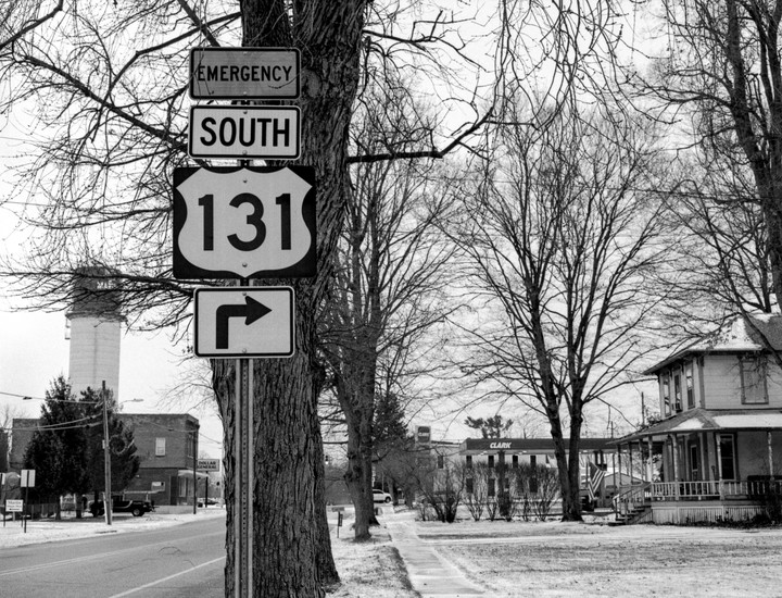 A tree with several road signs on its trunk stands next to a street with a water tower and buildings in the background.