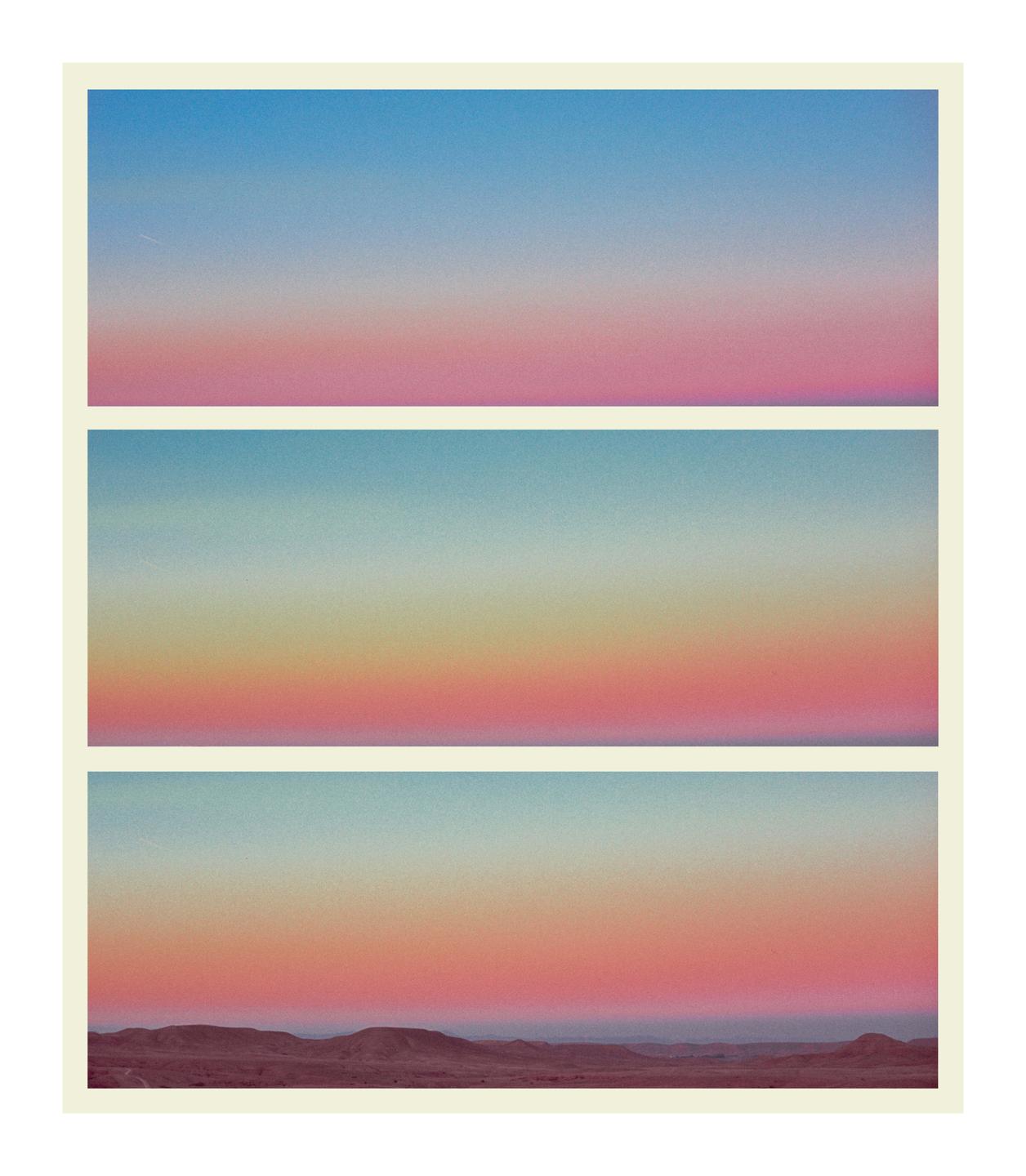 Three horizontal panels show a gradient sky over a desert landscape.