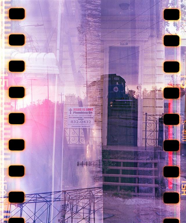 A triple exposure shows a house, a train, and a plumbing company sign.