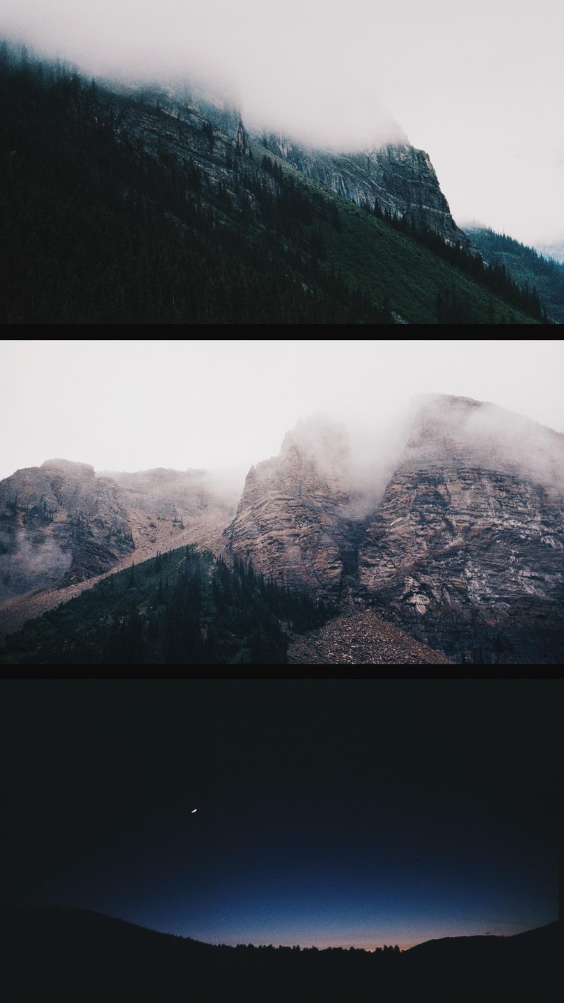 Three distinct images are presented in a vertical triptych, with the top two showing misty mountains and the bottom showing a crescent moon in a dark sky.