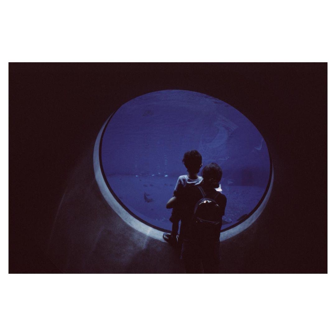 A woman and a boy look into a large circular aquarium.