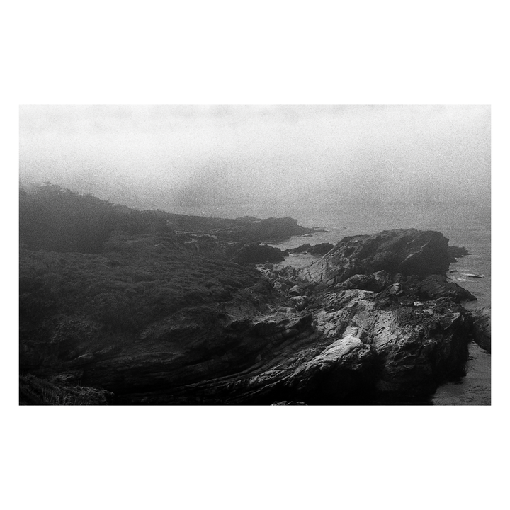 A rocky coastline with dense vegetation on the cliffs is shrouded in a thick fog.