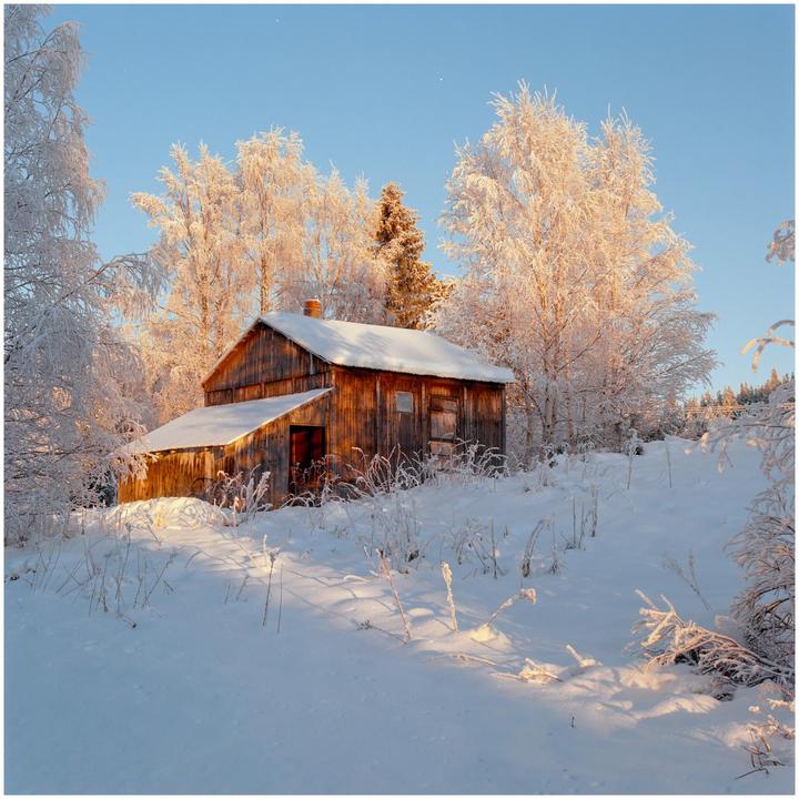 A wooden cabin sits in a snowy landscape with frost-covered trees under a clear sky.