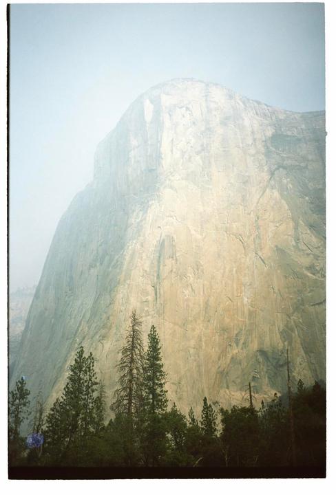 A large rock formation rises above a line of pine trees under a hazy sky.
