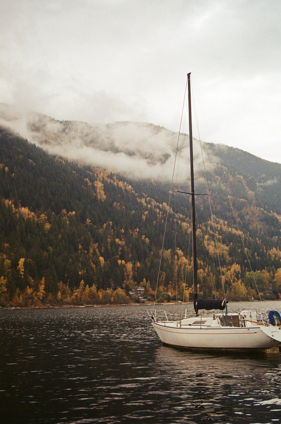 A sailboat floats on a lake with a forested mountain in the background.