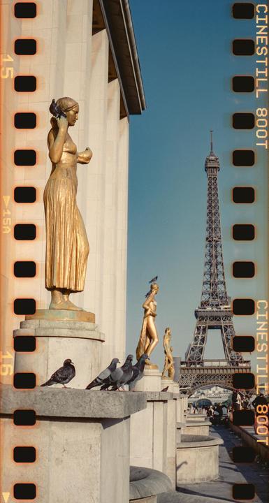 A golden statue of a woman with a pigeon on her head stands in front of the Eiffel Tower.