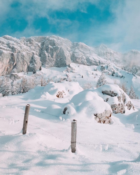 A snow-covered mountain range rises under a bright blue sky, with a barbed wire fence and snow-dusted rocks in the foreground.