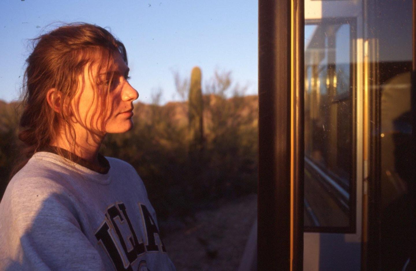 A woman with long hair looks to the right, with a desert landscape and a window visible in the background.