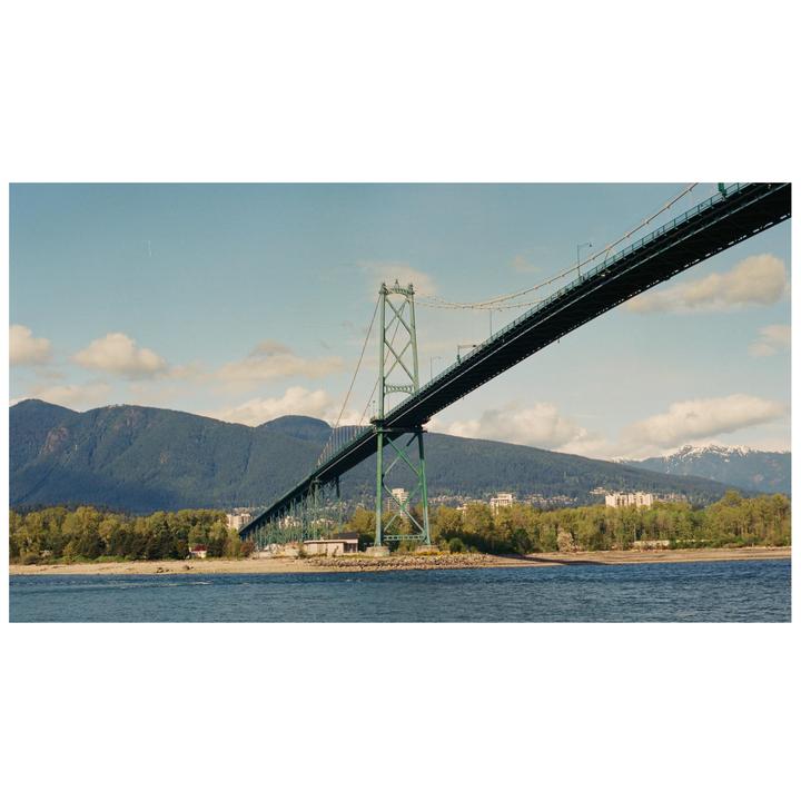 A long green suspension bridge stretches across a body of water with mountains and trees in the background.