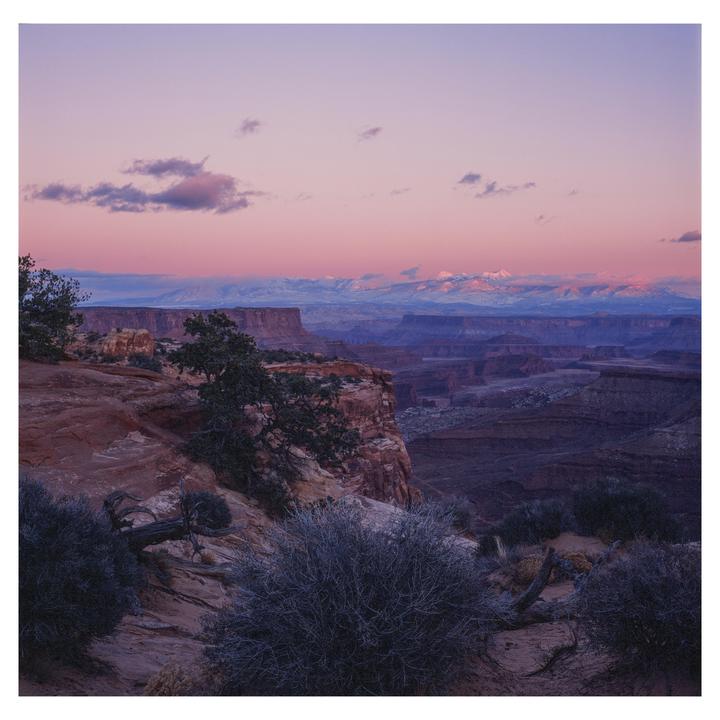 A vast canyon landscape is visible under a pink and purple sky with distant snow-capped mountains.