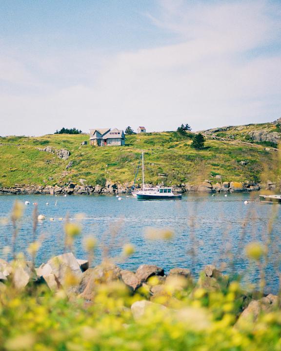 A sailboat is moored in a bay with a house on a grassy hill in the background.