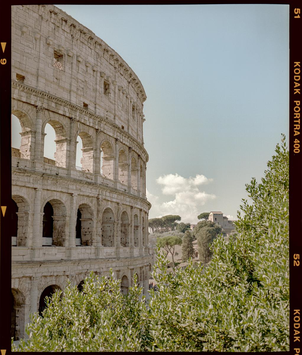 The Colosseum in Rome is partially visible behind green foliage, with a distant building and trees under a cloudy sky.