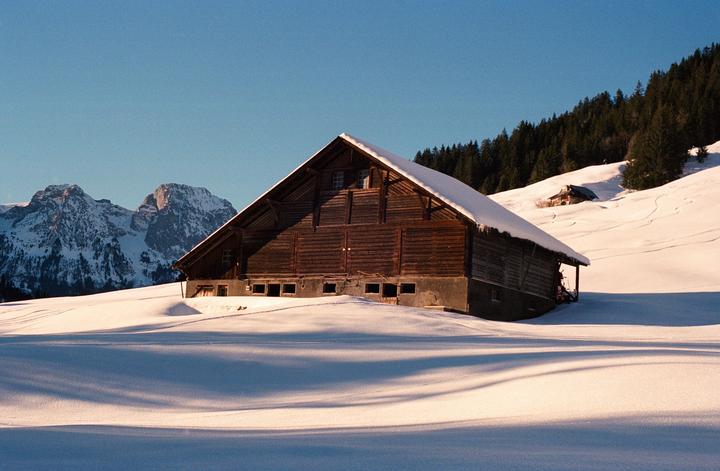 A wooden barn with a snow-covered roof sits in a snowy field with mountains and a forest in the background.