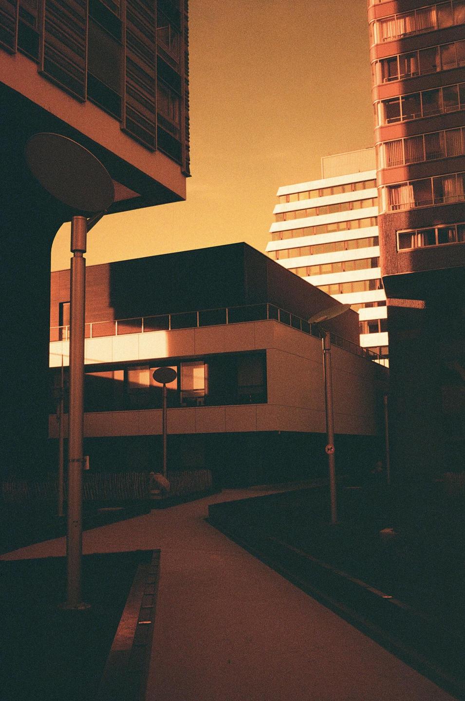 A street with modern buildings is illuminated by the golden hour light.