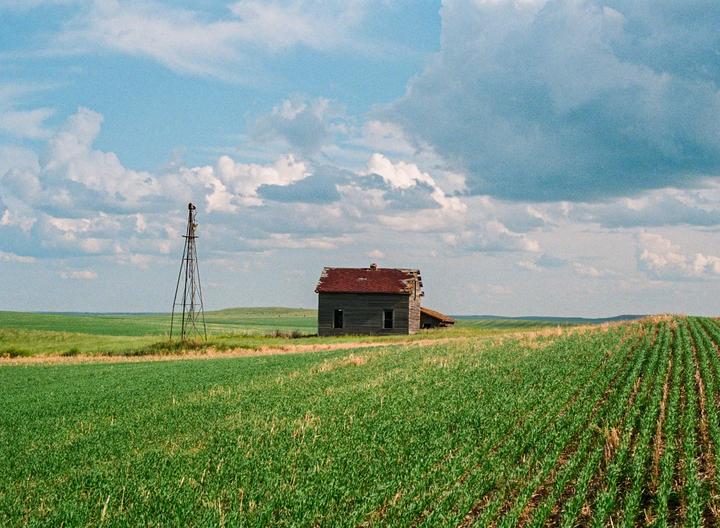 An abandoned house with a red roof stands next to a windmill in a vast green field under a cloudy sky.