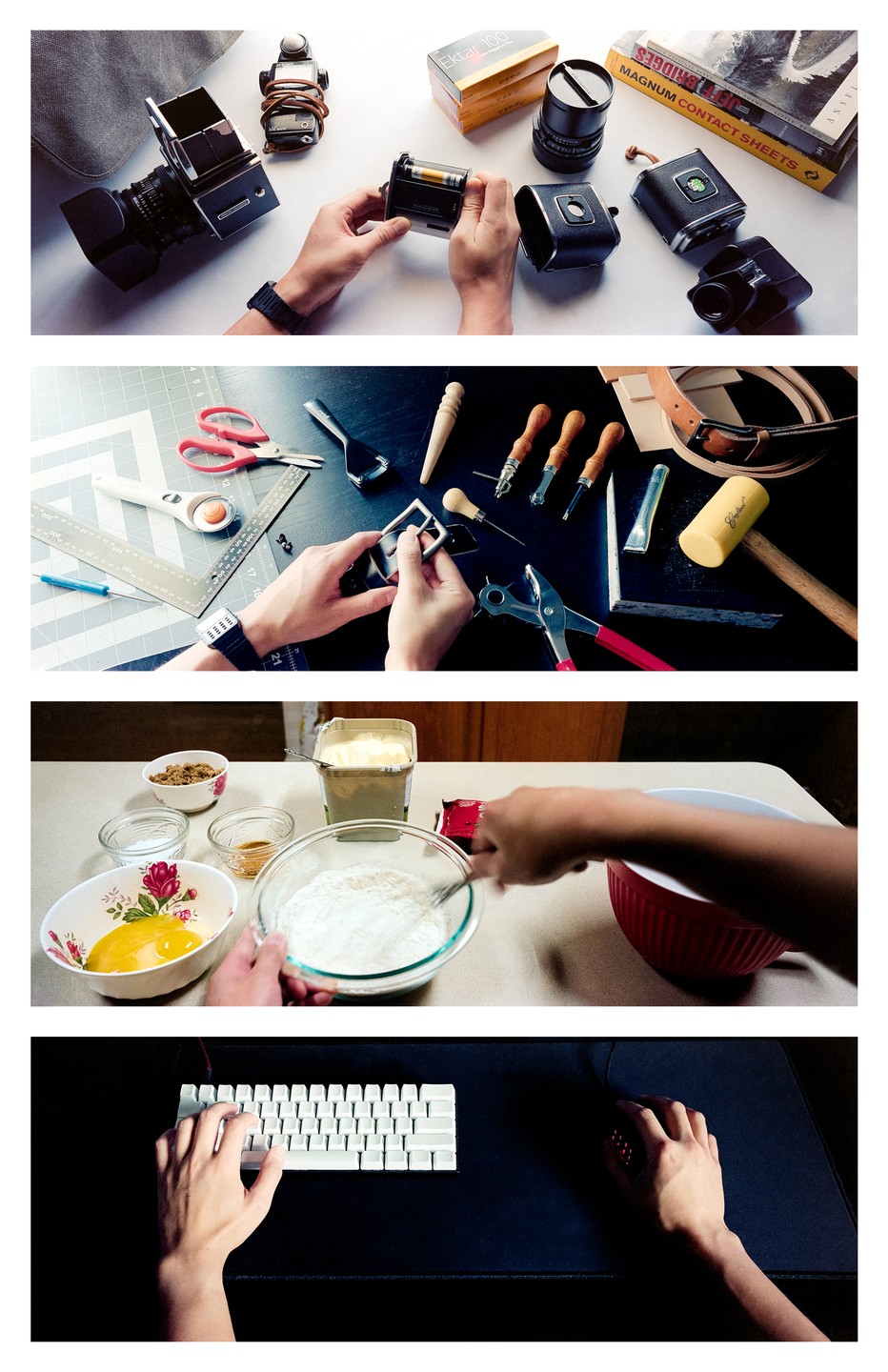 Four overhead shots show hands engaged in different hobbies, including photography, leatherworking, baking, and computer use.