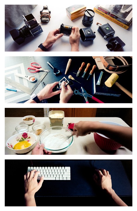 Four overhead shots show hands engaged in different hobbies, including photography, leatherworking, baking, and computer use.