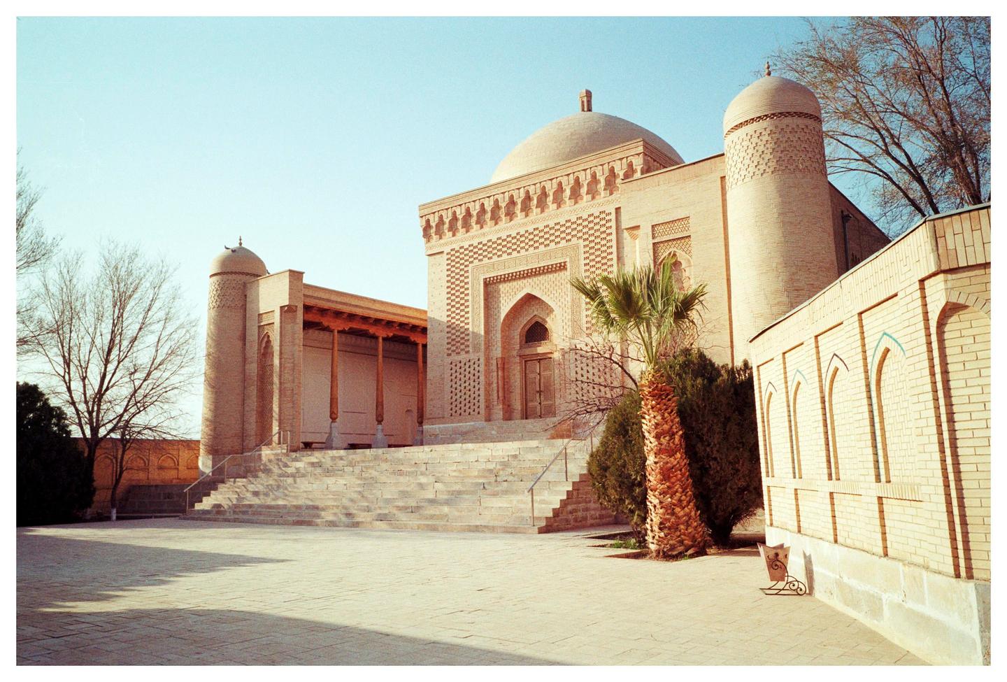 A large, ornate building with a dome and minarets stands under a clear sky, with a palm tree and bare trees in the foreground.