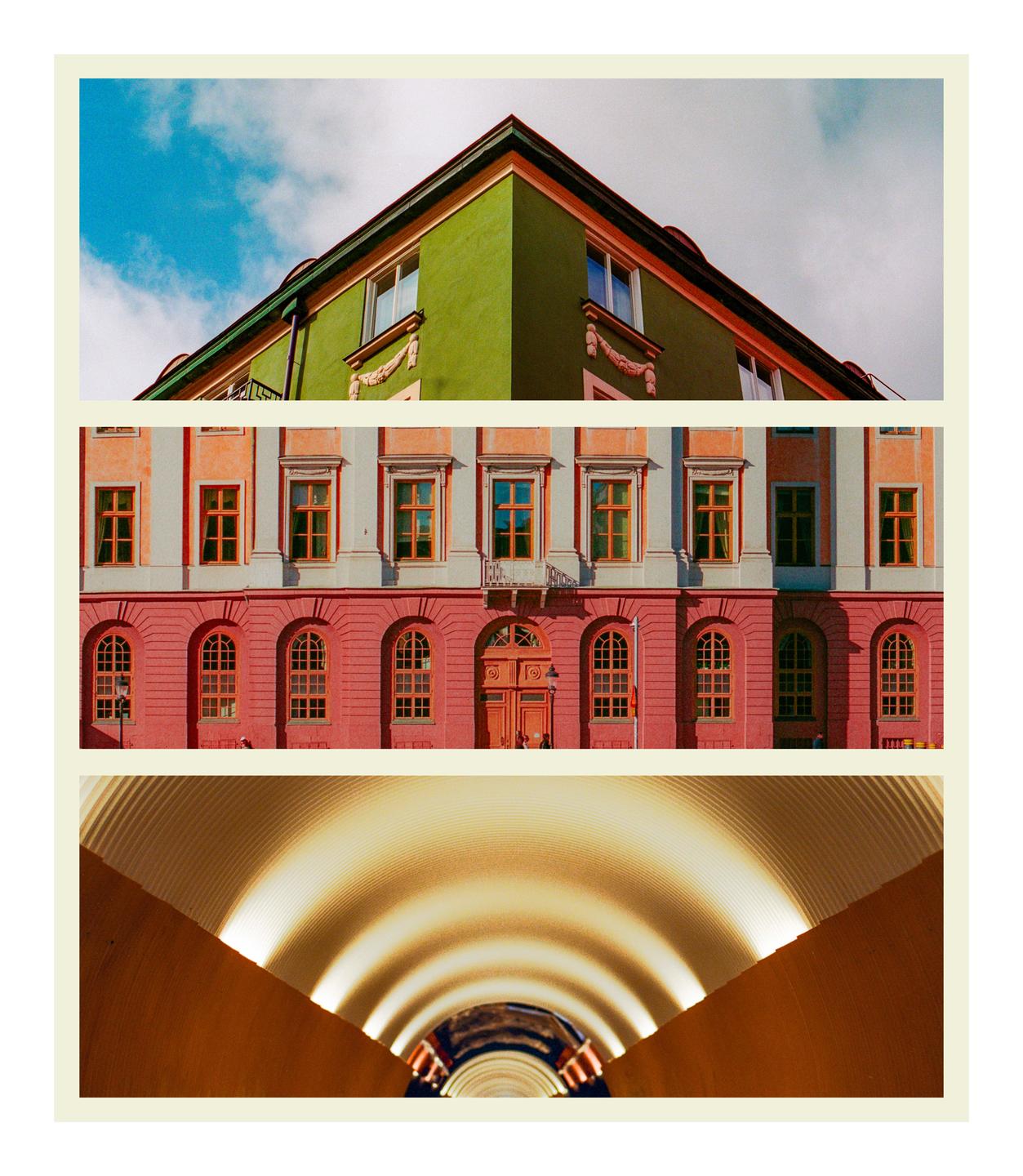 Three distinct images are arranged vertically, featuring buildings and an illuminated tunnel.