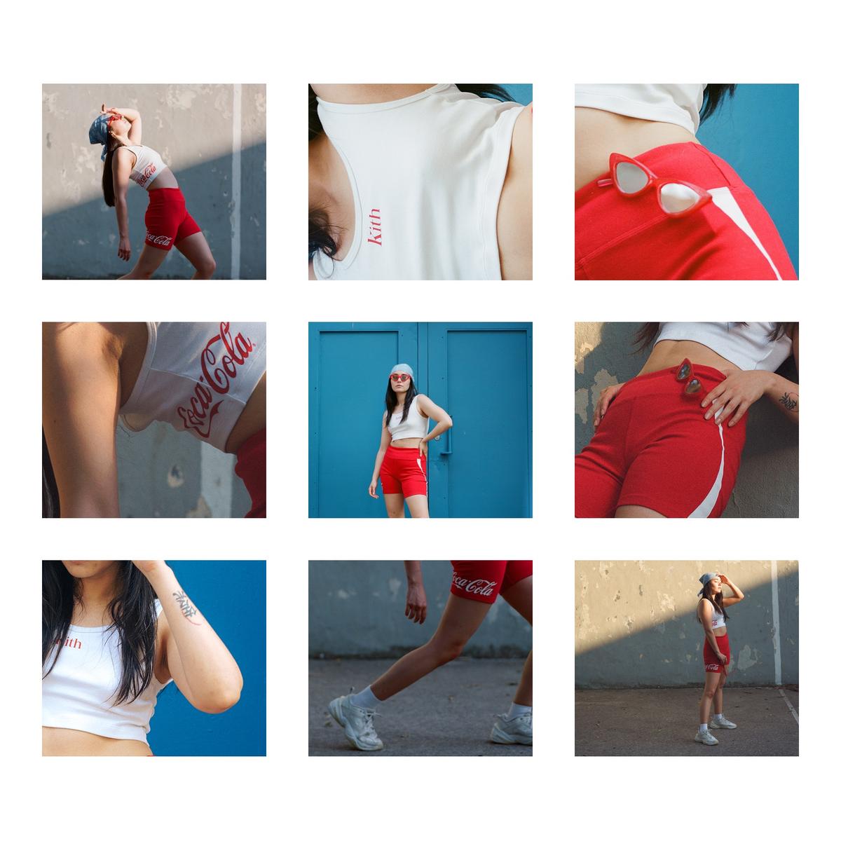 A grid of nine images shows a woman in red shorts and a white top posing against a blue wall and a concrete wall.