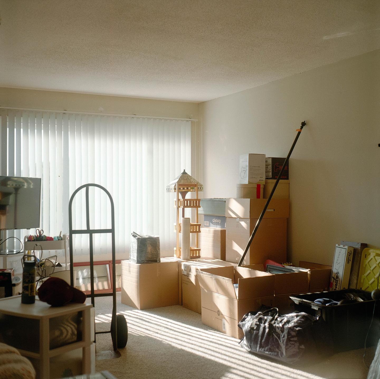 Sunlight streams through blinds into a room filled with moving boxes and a hand truck.